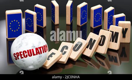 EU Europe and speculation, economy and domino effect - chain reaction in EU Europe set off by speculation causing a crash - economy blocks and EU Euro Stock Photo