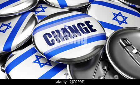 Change in Israel - national flag of Israel on dozens of pinback buttons symbolizing upcoming Change in this country. ,3d illustration Stock Photo