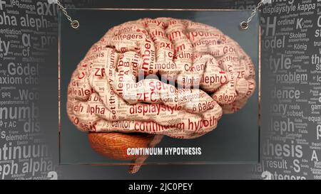 Continuum hypothesis in human brain - dozens of terms describing its properties painted over the brain cortex to symbolize its connection to the mind. Stock Photo