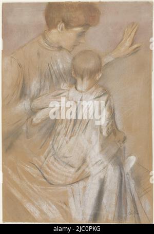 Young mother, sitting with child on her lap. The mother, stretching out the left arm, is three-quarters seen from the side, the child from behind., Mother with child on her lap, draughtsman: Paul César Helleu, 1869 - 1927, cardboard, h 614 mm × w 415 mm Stock Photo