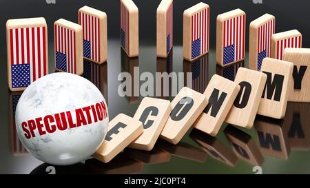 USA and speculation, economy and domino effect - chain reaction in USA economy set off by speculation causing an inevitable crash and collapse - falli Stock Photo