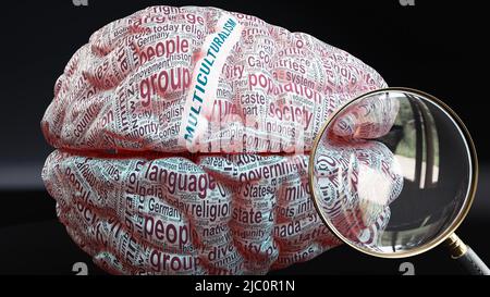 Multiculturalism in human brain, a concept showing hundreds of crucial words related to Multiculturalism projected onto a cortex to fully demonstrate Stock Photo