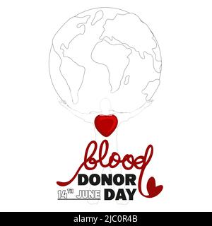 World blood donor day poster, Human donates blood, blood bag, heart and globe vector Stock Vector