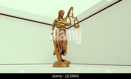 Large Gold Lady Justice Statue the Personification of the Judicial System White Room with Sky 3d illustration render Stock Photo
