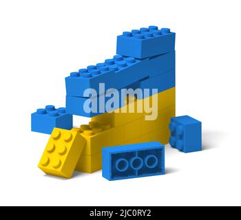 Plastic toy building block wall with Ukrainian flag colors broken and collapsed, 3D conflict concept Stock Photo