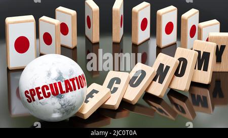 Japan and speculation, economy and domino effect - chain reaction in Japan set off by speculation causing a crash - economy blocks and Japan flag,3d i Stock Photo
