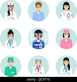 Medical concept. Set of colorful medical staff people in flat style icons: doctors and nurses. Vector illustration. Stock Vector