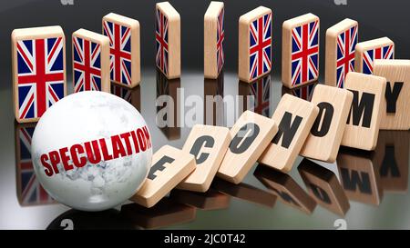 UK England and speculation, economy and domino effect - chain reaction in UK England set off by speculation causing a crash - economy blocks and UK En Stock Photo