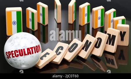 India and speculation, economy and domino effect - chain reaction in India set off by speculation causing a crash - economy blocks and India flag,3d i Stock Photo