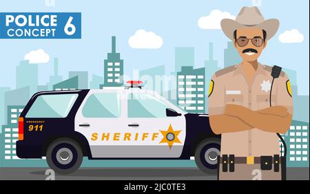 Police concept. Detailed illustration of police officer, sheriff and police car on background with cityscape in flat style. Vector illustration. Stock Vector
