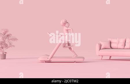 A woman running on a treadmill at home. 3D Rendering Stock Photo