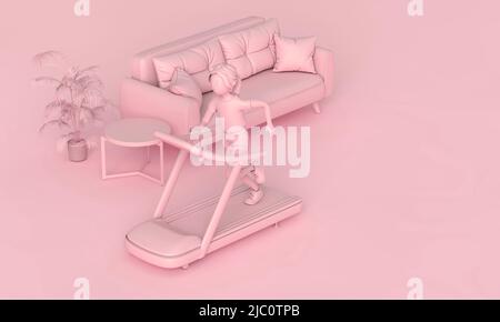 A woman running on a treadmill at home. 3D Rendering Stock Photo