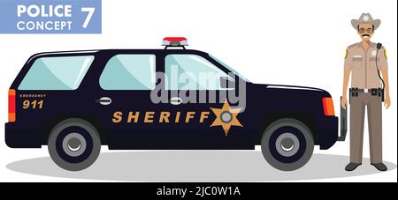 Detailed illustration of police car and police officer in flat style on white background. Stock Vector