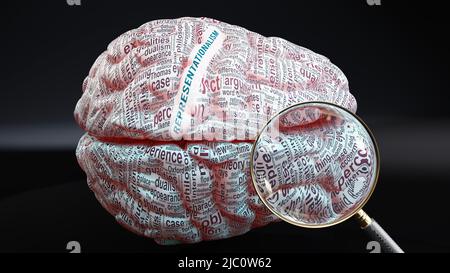 Representationalism in human brain, a concept showing hundreds of crucial words related to Representationalism projected onto a cortex to fully demons Stock Photo