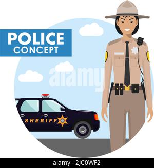 Detailed illustration of police officer in uniform on background with police car in flat style. Vector illustration. Stock Vector