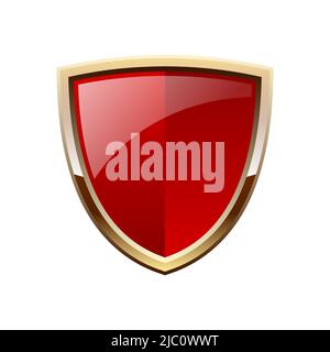 Red and gold shiny shield. Glowing metallic medieval coat of arms. Luxury heraldic logo element. Protection and safety concept. Place for text. Vector Stock Vector