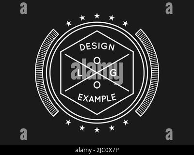 Retro vintage logo template. White linear trendy design on dark gray background. Sleek round logotype with stars and heaxagon in the middle. Vector Stock Vector