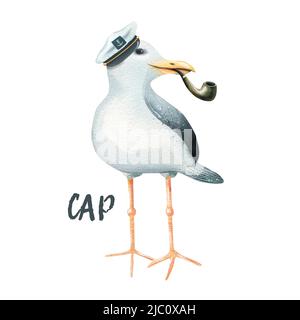 Watercolor illustration of a funny sea gull captain of a ship in a cap and with a smoking pipe with the inscription. Children's, marine, tourist. For Stock Photo