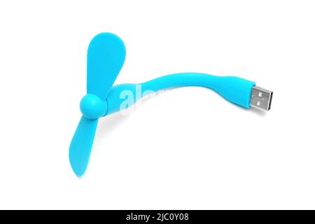 Close-up of a portable blue usb fan isolated on a neutral background. Summer must have traveling accessory. Stock Photo