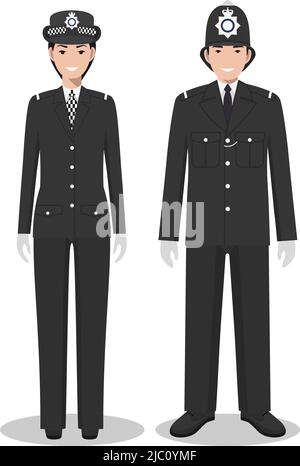 Couple of british police people isolated on white background. Set of Great Britain policeman and policewoman standing together. Cute and simple in fla Stock Vector