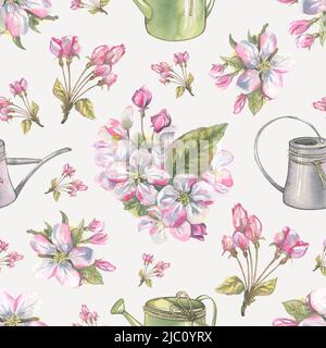 Watercolor illustration with apple blossoms and garden watering cans. Seamless pattern, gentle, spring. For fabric, textiles, print, clothing Stock Photo