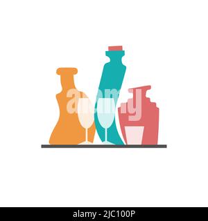 Logo for bar with distorted bottles and glasses. Alcohol vector icon Stock Vector