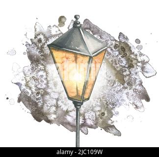 Watercolor illustration of a street lamp. A burning lantern on a pole, simple, black, isolated. Stock Photo