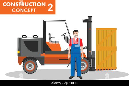 Detailed illustration of forklift and worker in flat style on white background. Stock Vector
