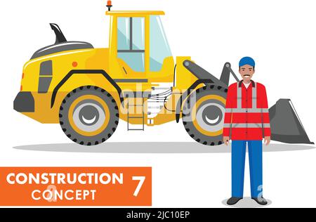 Detailed illustration of wheel loader and worker in flat style on white background. Stock Vector