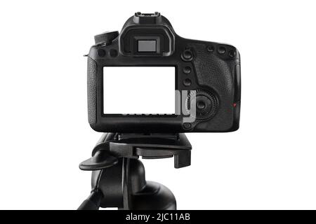 Close-up of digital professional camera with blank screen standing on tripod isolated on white background. Copy space. Vlogging, streaming, social media content. Content creating Stock Photo