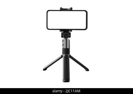Smartphone on black tripod with blank screen isolated on white background. Copy space. Vlogging, streaming, social media content. Content creating Stock Photo