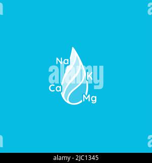 Mineral water logo. Soda with microelements and macroelements, saturated electrolytes liquid icon. Drop icon with magnesium, calcium, potassium, and Stock Vector