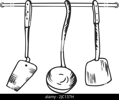 Cooking accessory sketch. Kitchen tool hanging on wall Stock Vector