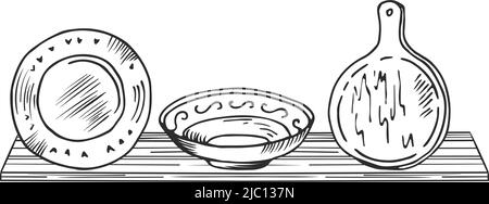 Wooden shelf with dishes and cutting board engraving Stock Vector