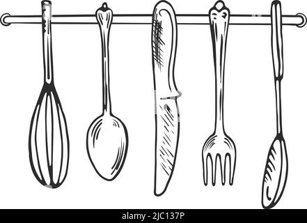 Cutlery hanging on kitchen wall. Kitchenware black sketch Stock Vector