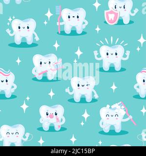 Tooth characters pattern. Seamless print with dentistry cartoon mascot persons with cute faces, dental and oral health concept. Vector texture Stock Vector