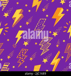 Lightning pattern. Seamless print with cartoon thunderbolt clipart elements of various shapes, electric power and thunder strike symbols. Vector Stock Vector