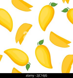 Seamless pattern with mango, whole fruits and slices, vector illustration Stock Vector