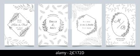 Wedding minimalistic card. Invitation template with floral frames and foliage ornamental decorative elements. Vector set of simple cards with flower Stock Vector