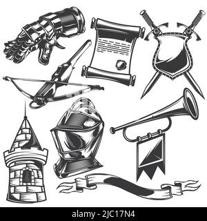 Set of knight elements for creating your own badges, logos, labels, posters etc. Isolated on white. Stock Vector