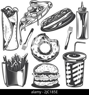 Set of different food elements for creating your own badges, logos, labels, posters etc. Isolated on white. Stock Vector