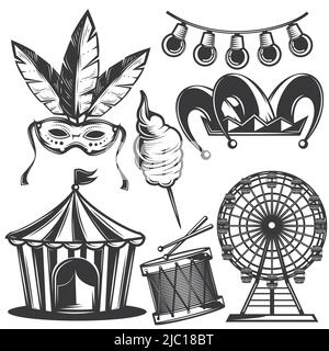 Circus icon set with circus artists magicians balloons circus tent trained animals and tamers vector illustration Stock Vector