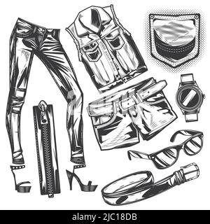 Set of jeans elements for creating your own badges, logos, labels, posters etc. Isolated on white. Stock Vector