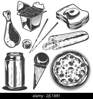 Set of different fast food elements for creating your own badges, logos, labels, posters etc. Isolated on white. Stock Vector