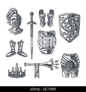 Medieval kingdom legendary armored knight warrior with lance and attributes flat icons set abstract isolated vector illustration Stock Vector