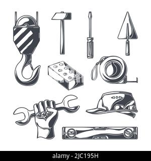 Construction vehicles facilities and building tools black icons set isolated vector illustration Stock Vector