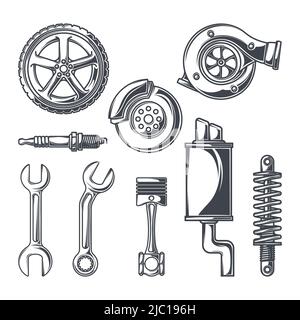 Auto service car repair automobile parts icons flat set isolated vector illustration Stock Vector