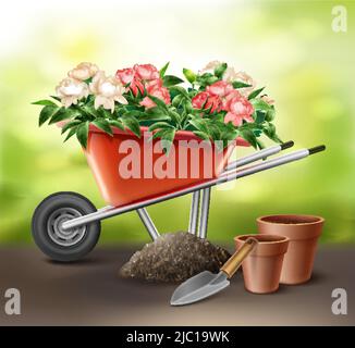Vector illustration of red wheelbarrow full of flowers with trowel and pots. Isolated on background Stock Vector