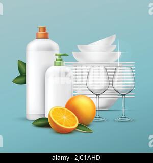 Vector set of clean dishes and glassware with dishwashing liquid of oranger scent on the blue background Stock Vector
