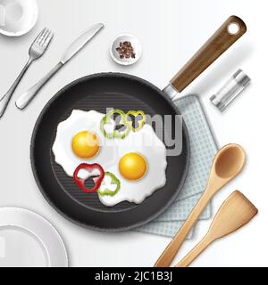 Vector illustration of fried eggs in a frying pan with bell pepper for breakfast and other utensil, isolated on white background Stock Vector